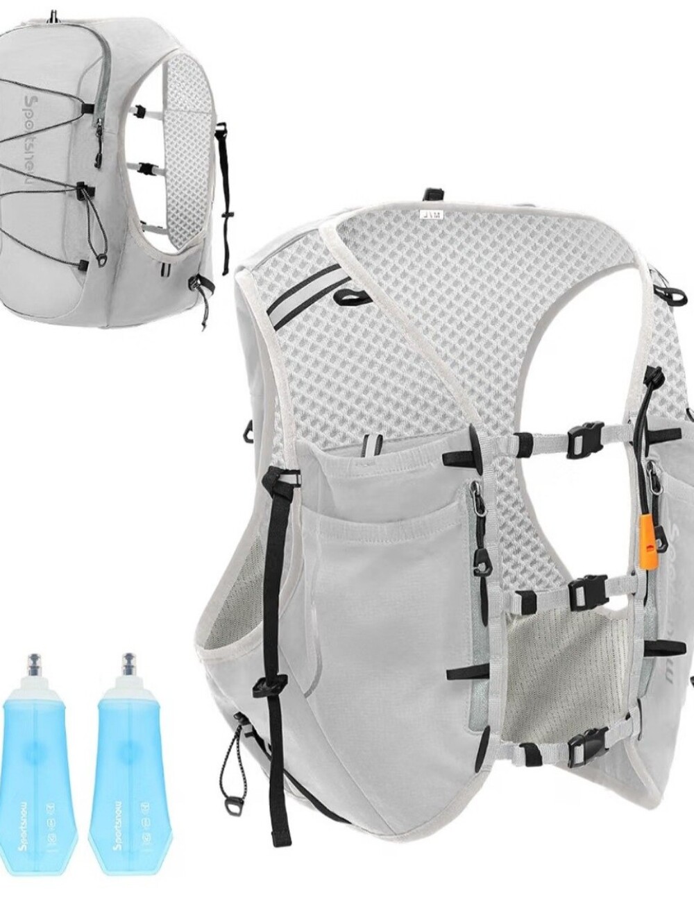 Sportsnew Gray Hydration Running Vest Backpack w/ 2 Soft Flasks Lightweight